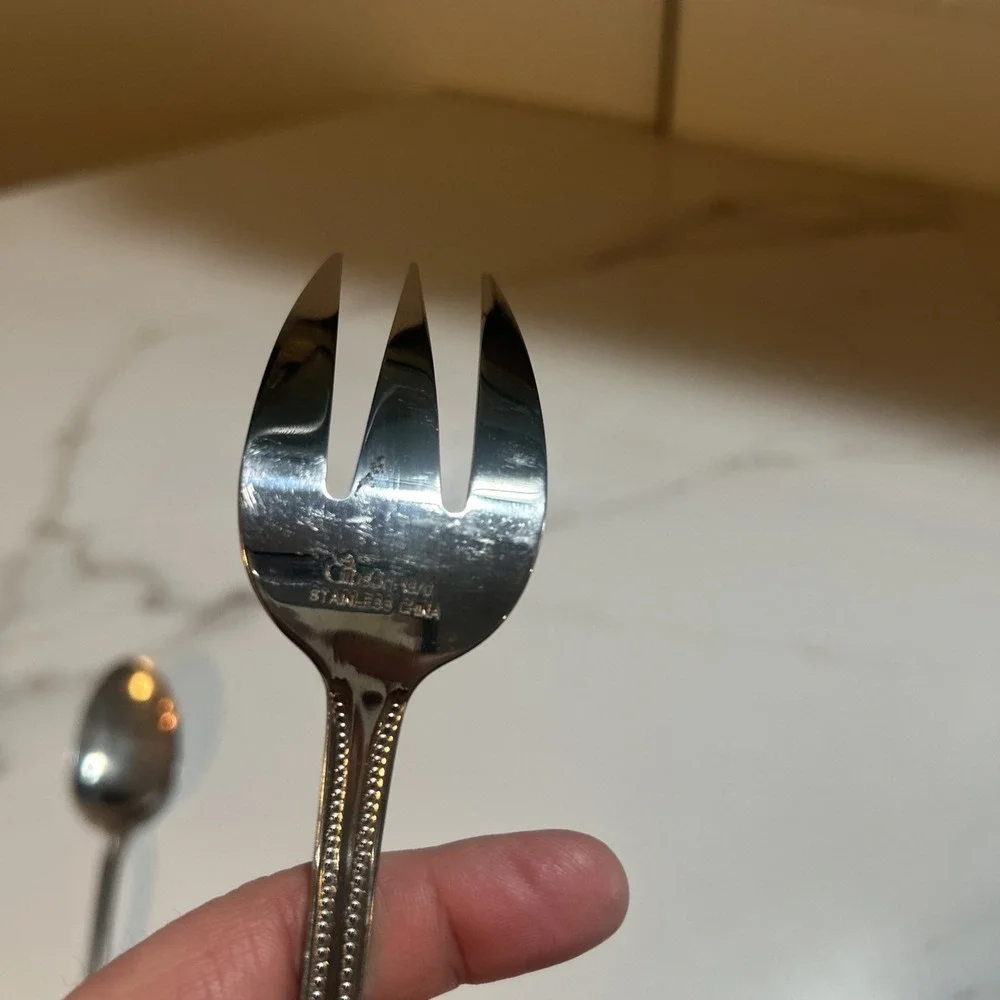 Gibson 18/0 Stainless Flatware Glossy BEADED Pattern Serving‎ Spoon, And Fork